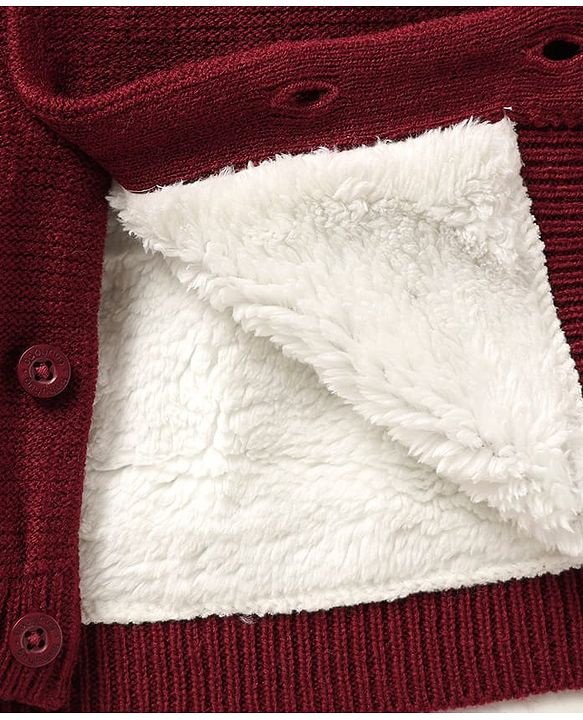Babyhug Knit Full Sleeves Hooded Front Open Sweater with Bear Patch - Dark Red
