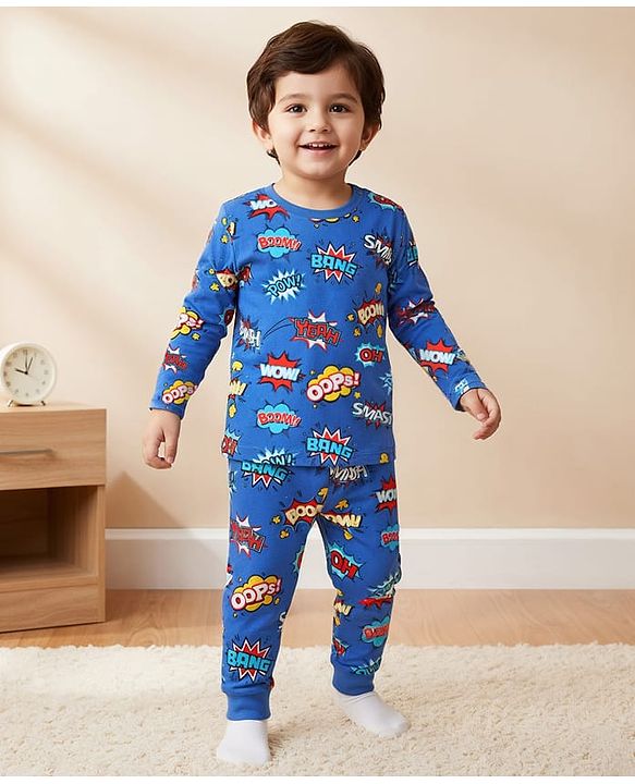 Babyhug Cotton Knit Full Sleeves Co-Ord Night Suit With Text Print - Blue