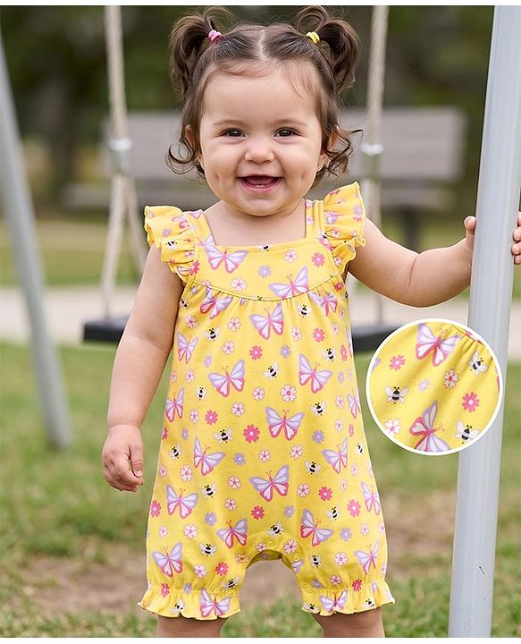Babyhug 100% Cotton Interlock Knit Sleeveless Romper with Butterfly & Floral Print - Yellow