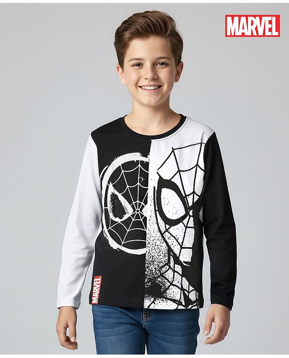 Pine Kids Marvel Single Jersey Knit Full Sleeves Cut & Sew T-Shirt with Spider Man Graphics - Black & White