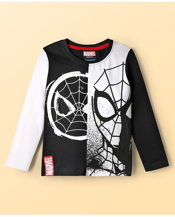 Pine Kids Marvel Single Jersey Knit Full Sleeves Cut & Sew T-Shirt with Spider Man Graphics - Black & White