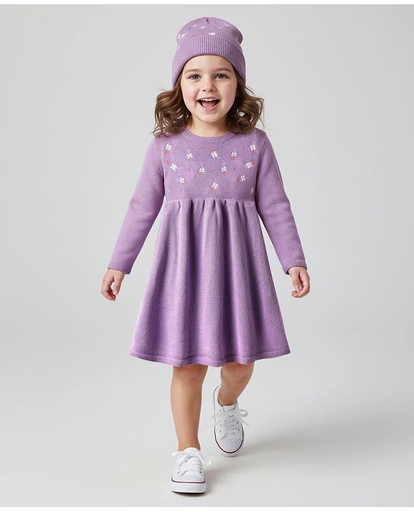 Babyhug Full Sleeves Sweater Knit Woollen Dress With Floral Design - Lilac
