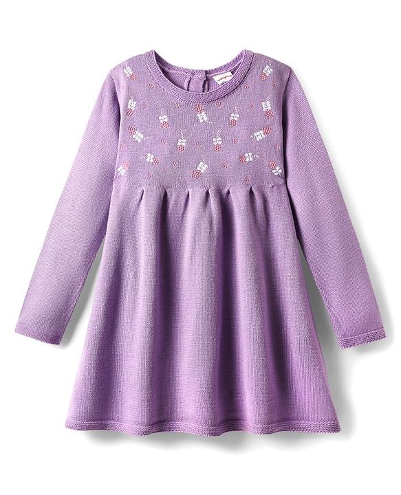 Babyhug Full Sleeves Sweater Knit Woollen Dress With Floral Design - Lilac