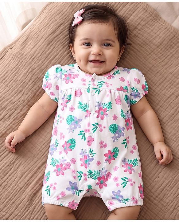 Babyhug 100% Cotton Interlock Knit Half Sleeves Romper with Floral Print - White