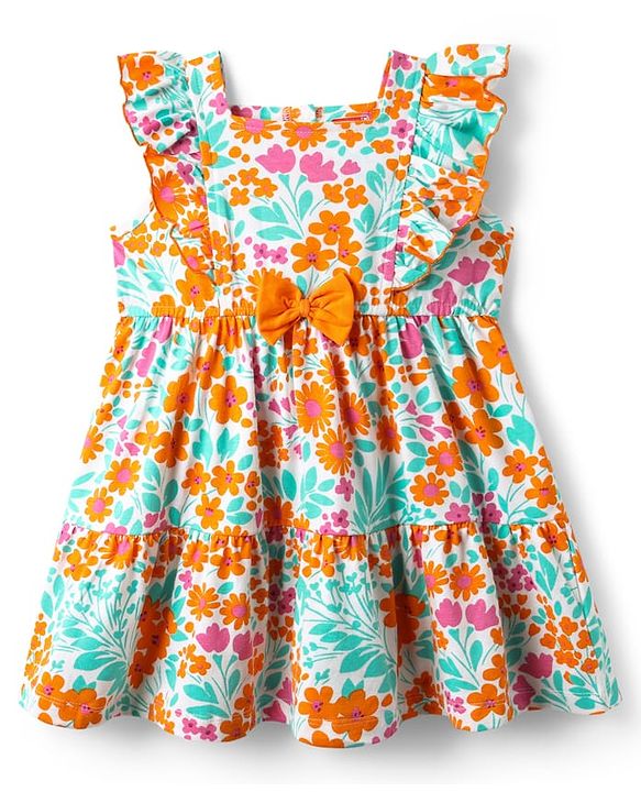 Babyhug Cotton Knit Frilled Sleeves Frock with Bow Applique & Floral Print - Orange