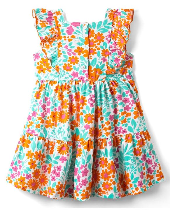 Babyhug Cotton Knit Frilled Sleeves Frock with Bow Applique & Floral Print - Orange