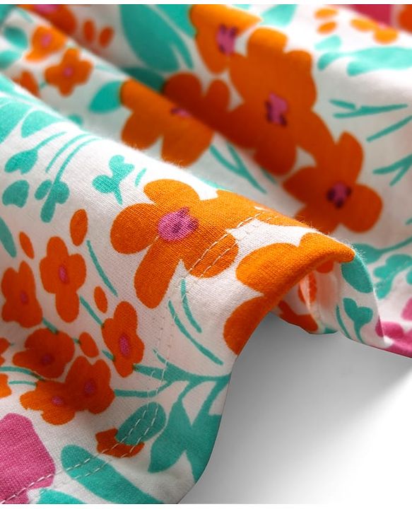 Babyhug Cotton Knit Frilled Sleeves Frock with Bow Applique & Floral Print - Orange
