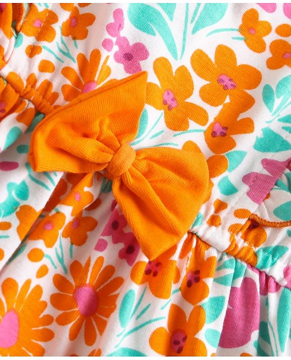 Babyhug Cotton Knit Frilled Sleeves Frock with Bow Applique & Floral Print - Orange