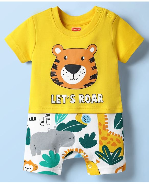 Babyhug 100% Cotton Interlock Knit Half Sleeves Romper with Animal Print - Yellow