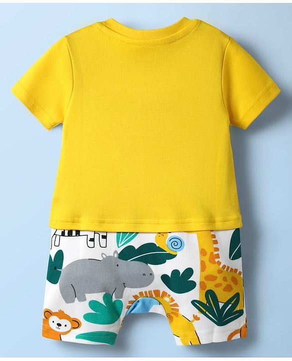 Babyhug 100% Cotton Interlock Knit Half Sleeves Romper with Animal Print - Yellow