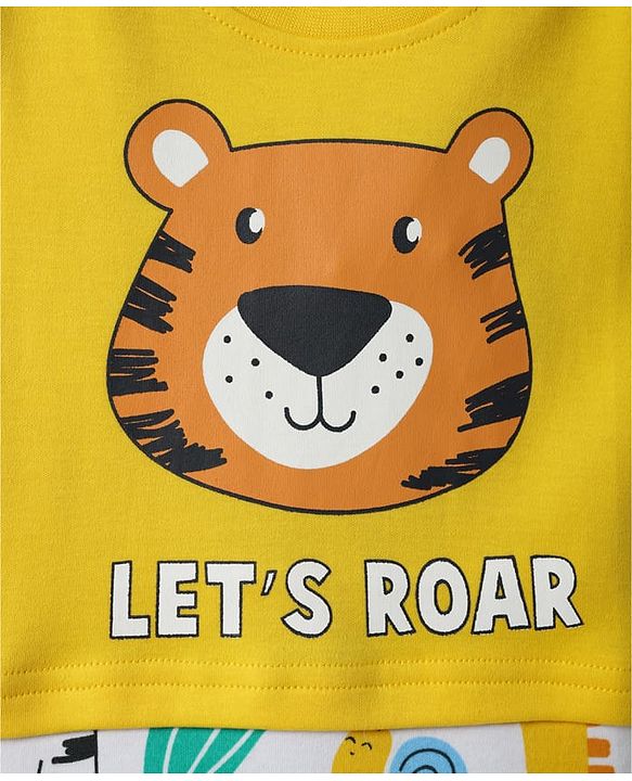 Babyhug 100% Cotton Interlock Knit Half Sleeves Romper with Animal Print - Yellow