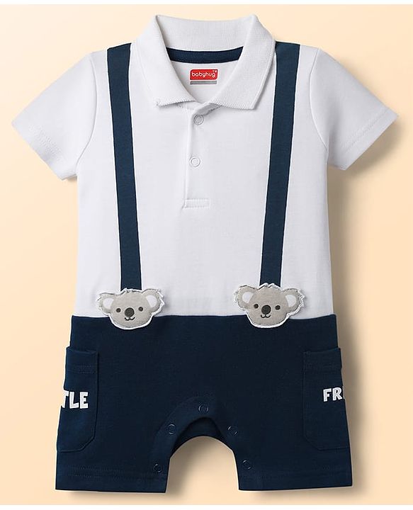 Babyhug 100% Cotton Interlock Knit Half Sleeves Collared Romper with Koala Patch - Navy Blue