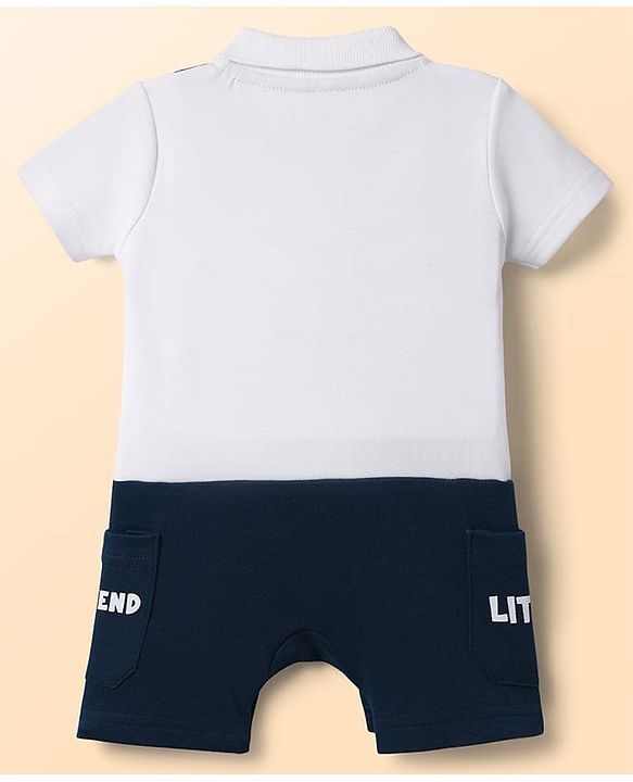 Babyhug 100% Cotton Interlock Knit Half Sleeves Collared Romper with Koala Patch - Navy Blue