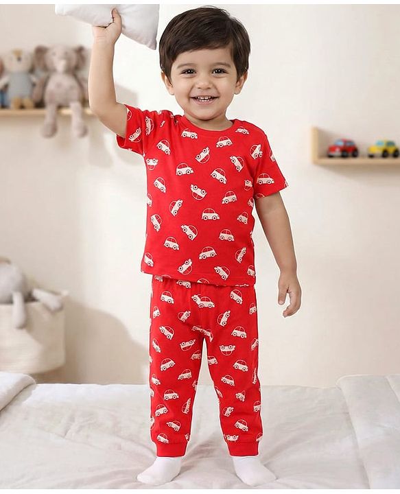 Babyhug Cotton Knit Half Sleeves Co-Ord Night Suit With Vehicles Print - Red