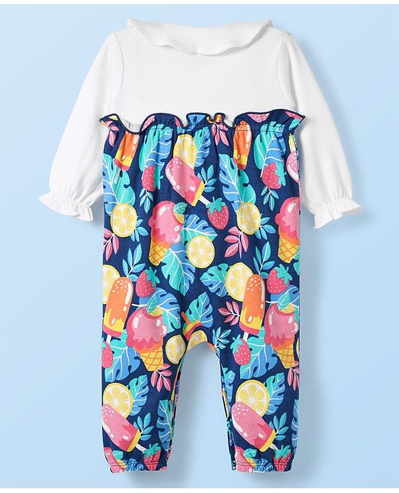 Babyhug 100% Cotton Interlock Knit Full Sleeves Romper with Tropical Theme Print - Multicolor