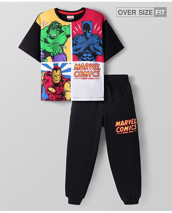 Pine Kids Marvel Single Jersey Knit Half Drop Sleeve Oversized T-Shirt & Track Pant Set with Avengers Graphic - Black