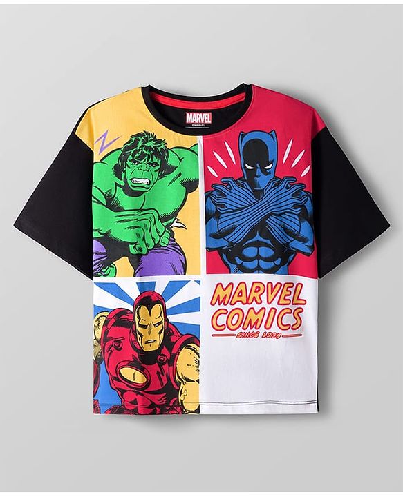 Pine Kids Marvel Single Jersey Knit Half Drop Sleeve Oversized T-Shirt & Track Pant Set with Avengers Graphic - Black