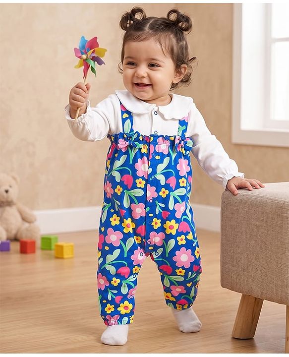 Babyhug 100% Cotton Interlock Knit Full Sleeves Romper with Floral Print - Multicolor