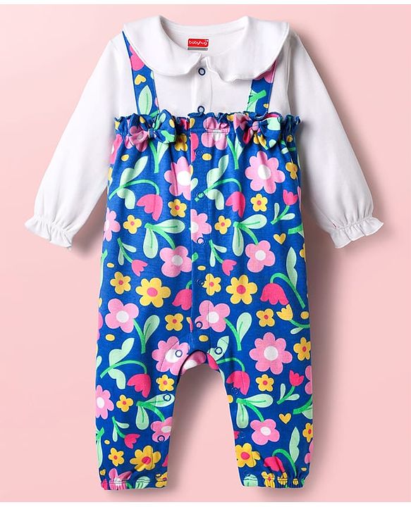 Babyhug 100% Cotton Interlock Knit Full Sleeves Romper with Floral Print - Multicolor