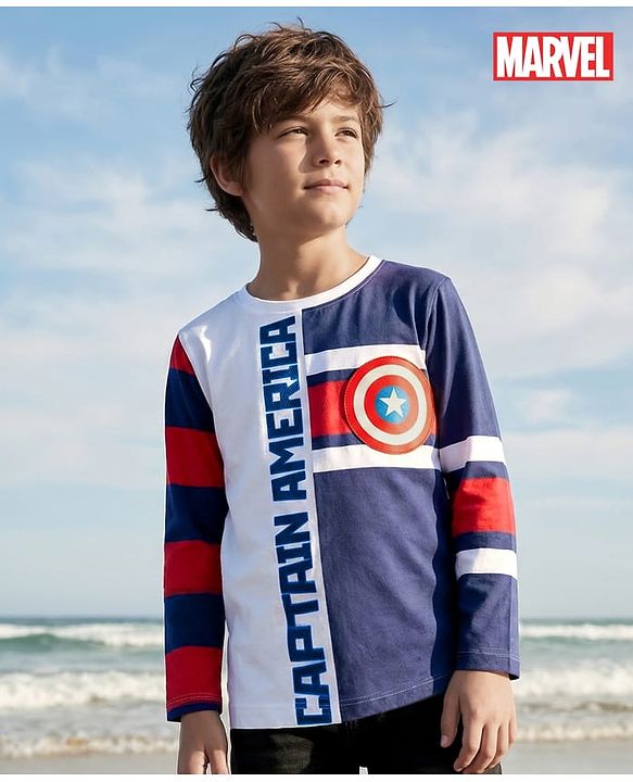 Pine Kids Marvel Single Jersey Knit Full Sleeves Cut & Sew T-Shirt with Captain America Graphics - Multicolor