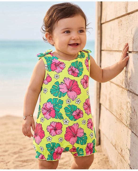 Babyhug 100% Cotton Knit Sleeveless Romper with Floral Print & Bow Applique - Yellow