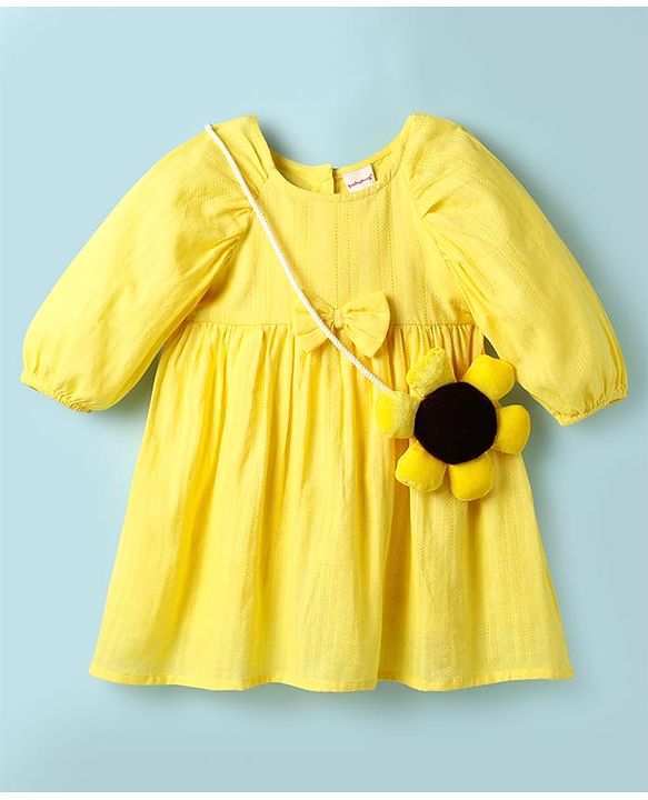 Babyhug Cotton Knit Full Balloon Sleeves Solid Frock With Sunflower Sling Bag - Yellow
