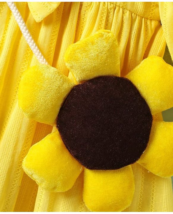 Babyhug Cotton Knit Full Balloon Sleeves Solid Frock With Sunflower Sling Bag - Yellow