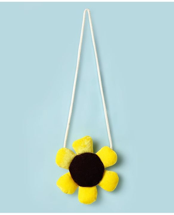 Babyhug Cotton Knit Full Balloon Sleeves Solid Frock With Sunflower Sling Bag - Yellow