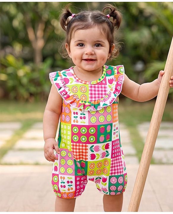 Babyhug 100% Cotton Knit Sleeveless Romper with Frill Detailing & Tropical Theme Print - Multicolor
