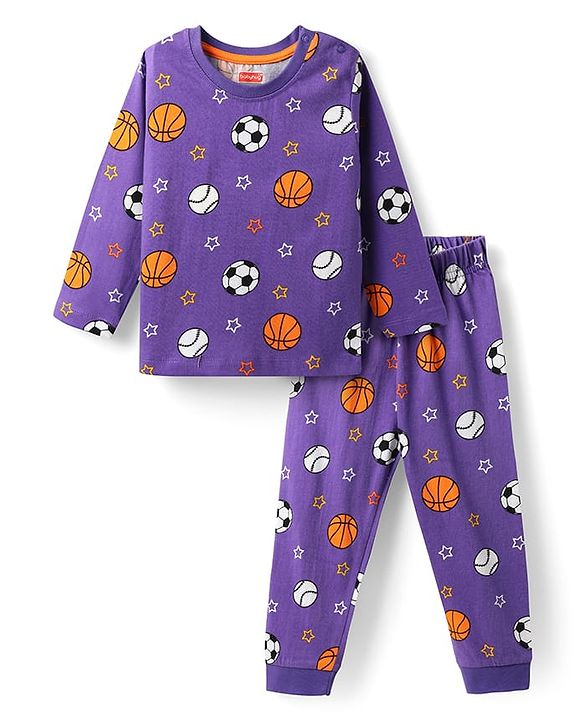 Babyhug Cotton Knit Full Sleeves Co-Ord Night Suit With Sports Theme Print - Violet