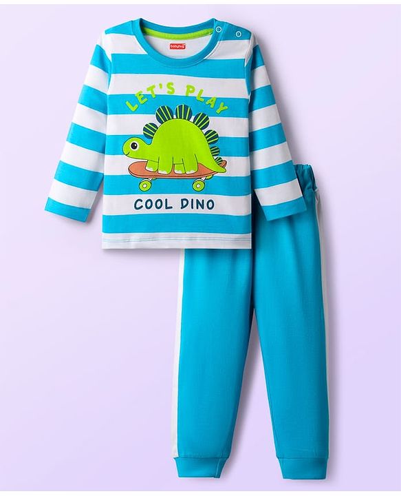 Babyhug Cotton Knit Full Sleeves Striped Night Suit With Dino Print - Blue & White