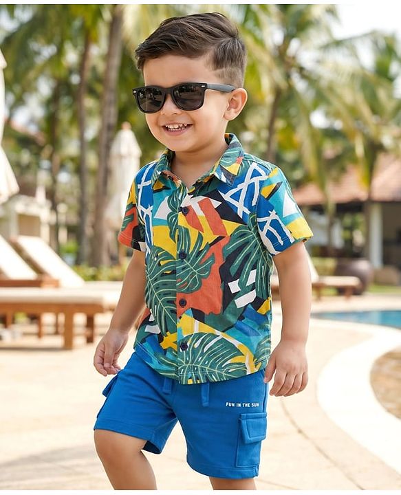 Babyhug Single Jersey Knit Half Sleeves Shirt & Short Set With Tropical Theme Print - Green & Blue