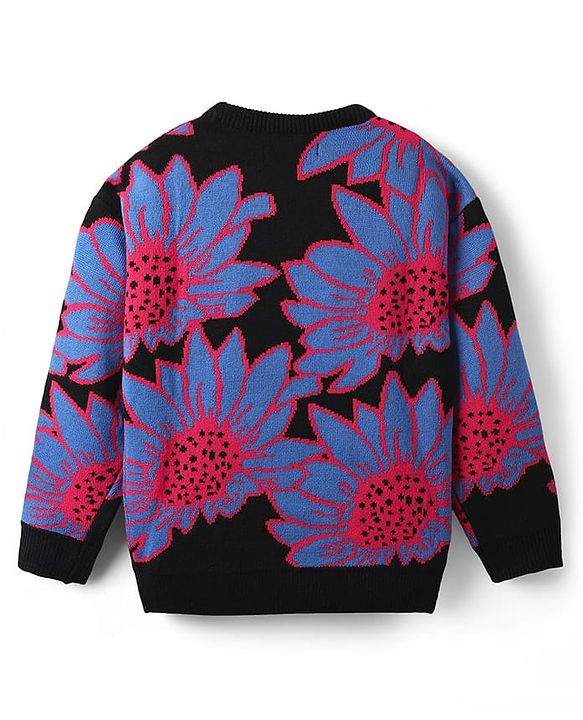 Pine Kids Knitted Full Drop Shoulder Sleeves Pullover Sweater With Floral Design - Black