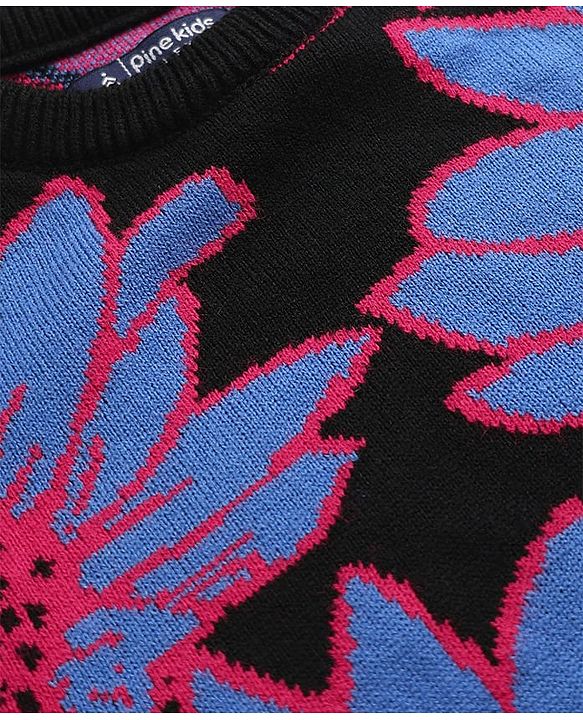 Pine Kids Knitted Full Drop Shoulder Sleeves Pullover Sweater With Floral Design - Black