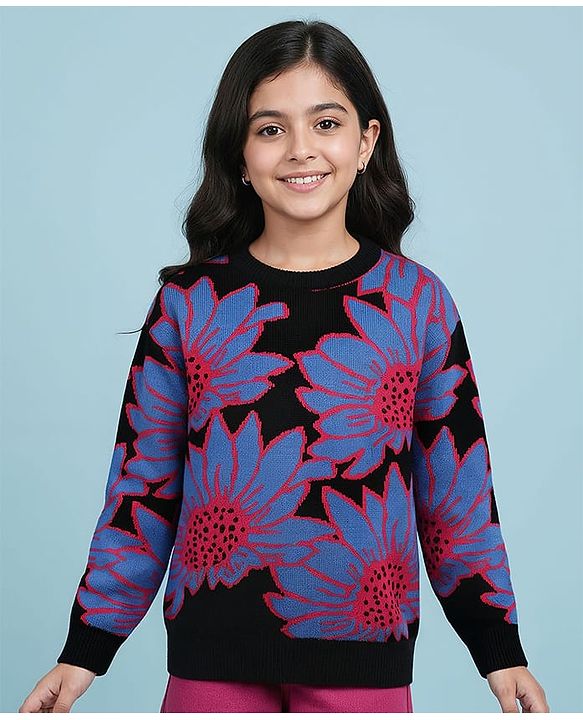 Pine Kids Knitted Full Drop Shoulder Sleeves Pullover Sweater With Floral Design - Black