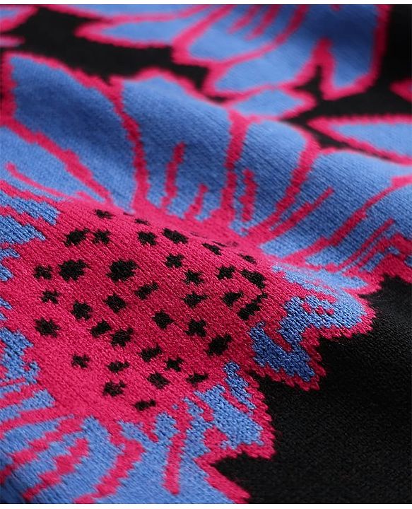 Pine Kids Knitted Full Drop Shoulder Sleeves Pullover Sweater With Floral Design - Black