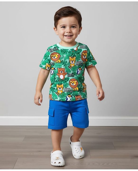 Babyhug Single Jersey Knit Half Sleeves T-Shirt & Short Set With Animal Print - Green & Blue