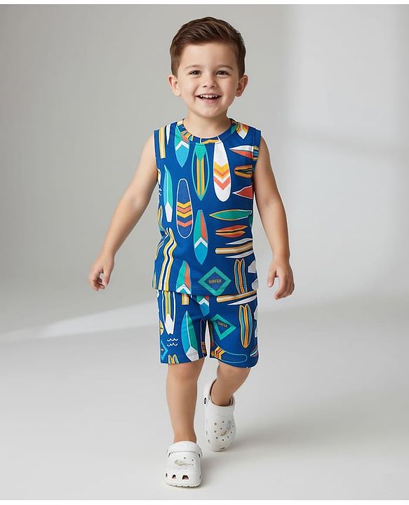 Babyhug Single Jersey Knit Sleeveless T-Shirt & Short Set With Abstract Print - Blue