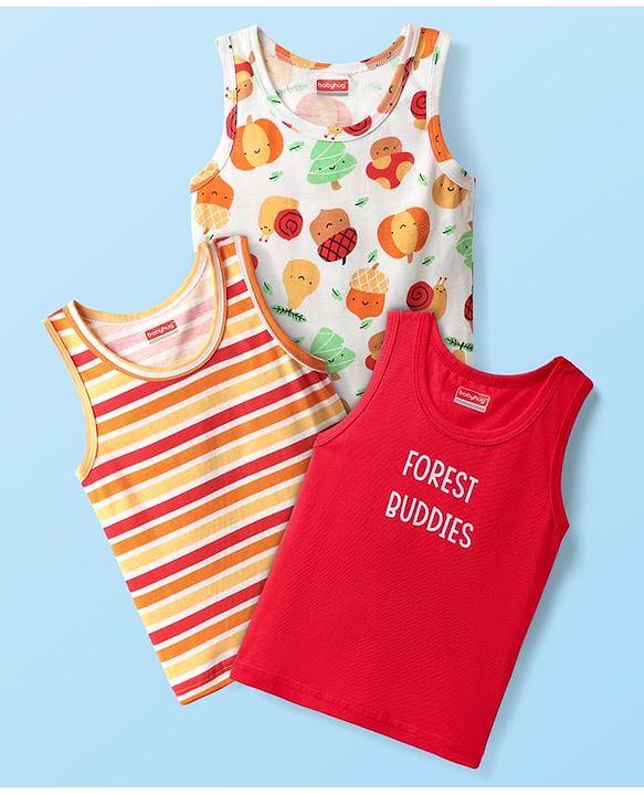 Babyhug 100% Cotton Knit Sleeveless Striped & Printed Sando Vests Pack of 3 - Multicolor