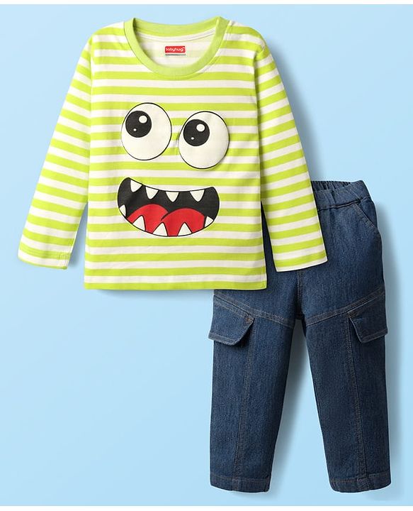 Babyhug Single Jersey Knit Full Sleeves Striped T-Shirt & Denim Jeans Set - Green & Blue