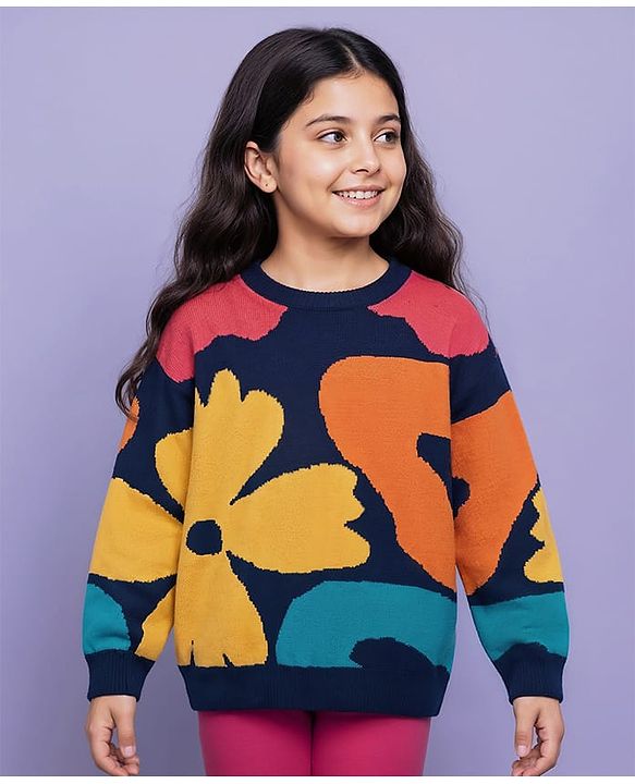 Pine Kids Knit Full Sleeves Pullover Sweater with Floral Design - Navy Blue