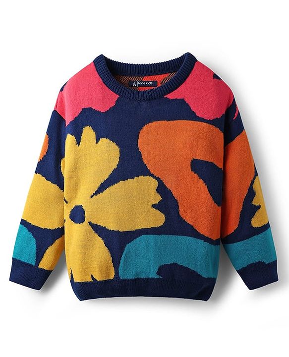 Pine Kids Knit Full Sleeves Pullover Sweater with Floral Design - Navy Blue