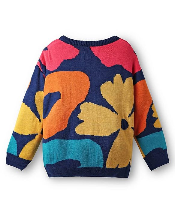 Pine Kids Knit Full Sleeves Pullover Sweater with Floral Design - Navy Blue