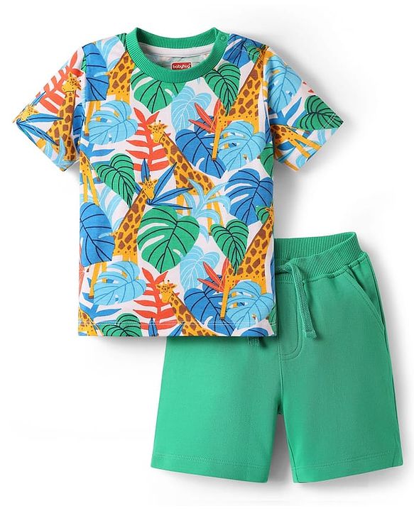 Babyhug Single Jersey Knit Half Sleeves T-Shirt & Shorts Set with Jungle Theme Print - Mint