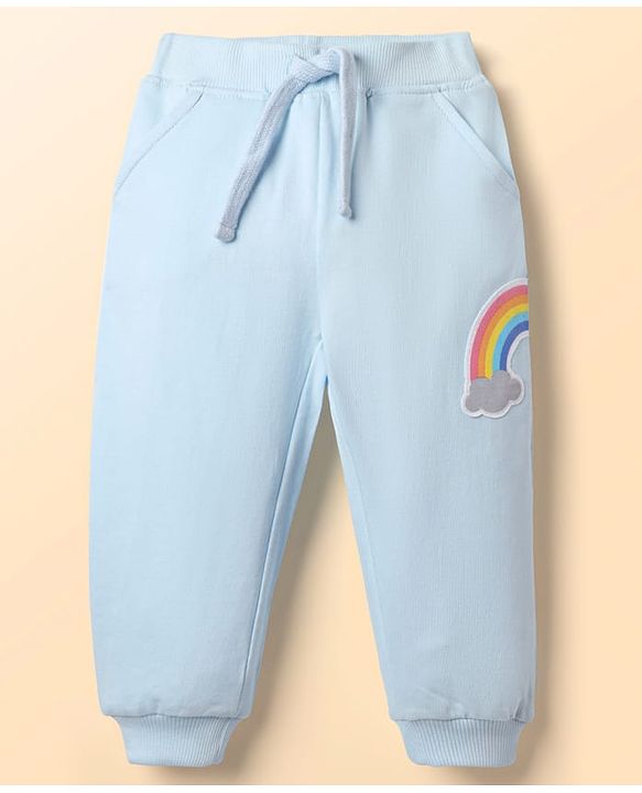 Babyhug Cotton Terry Knit Full Length Lounge Pants With Rainbow Applique - Light Blue