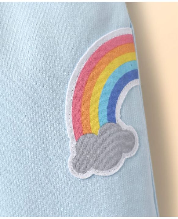 Babyhug Cotton Terry Knit Full Length Lounge Pants With Rainbow Applique - Light Blue