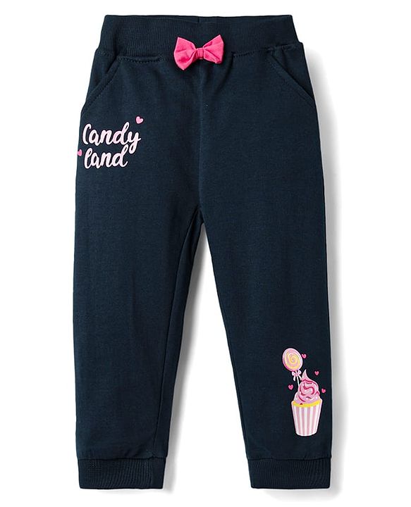 Babyhug Terry Knit Full Length Lounge Pant With Bow Applique & Text Print - Navy Blue