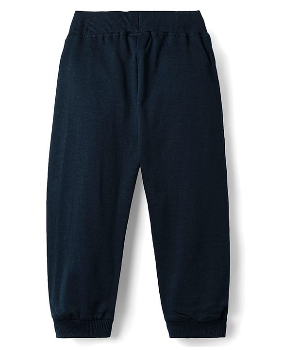 Babyhug Terry Knit Full Length Lounge Pant With Bow Applique & Text Print - Navy Blue