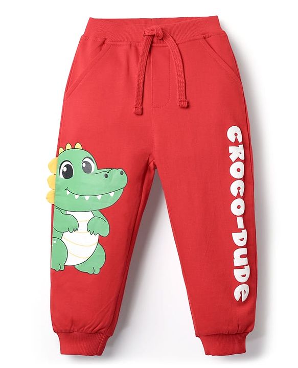 Babyhug Cotton Terry Knit Full Length Lounge Pants With Crocodile Print - Red