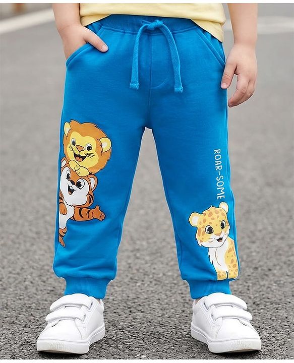 Babyhug Cotton Terry Knit Full Length Lounge Pant With Animals Print - Blue